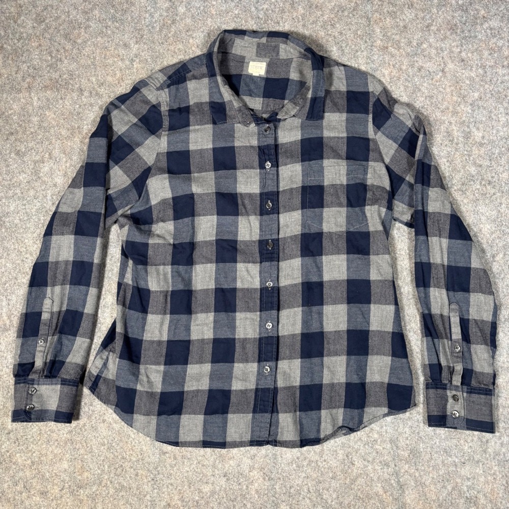 J.Crew The Perfect Shirt Womens XL Navy Grey Buffalo Plaid Cotton Flannel Button
